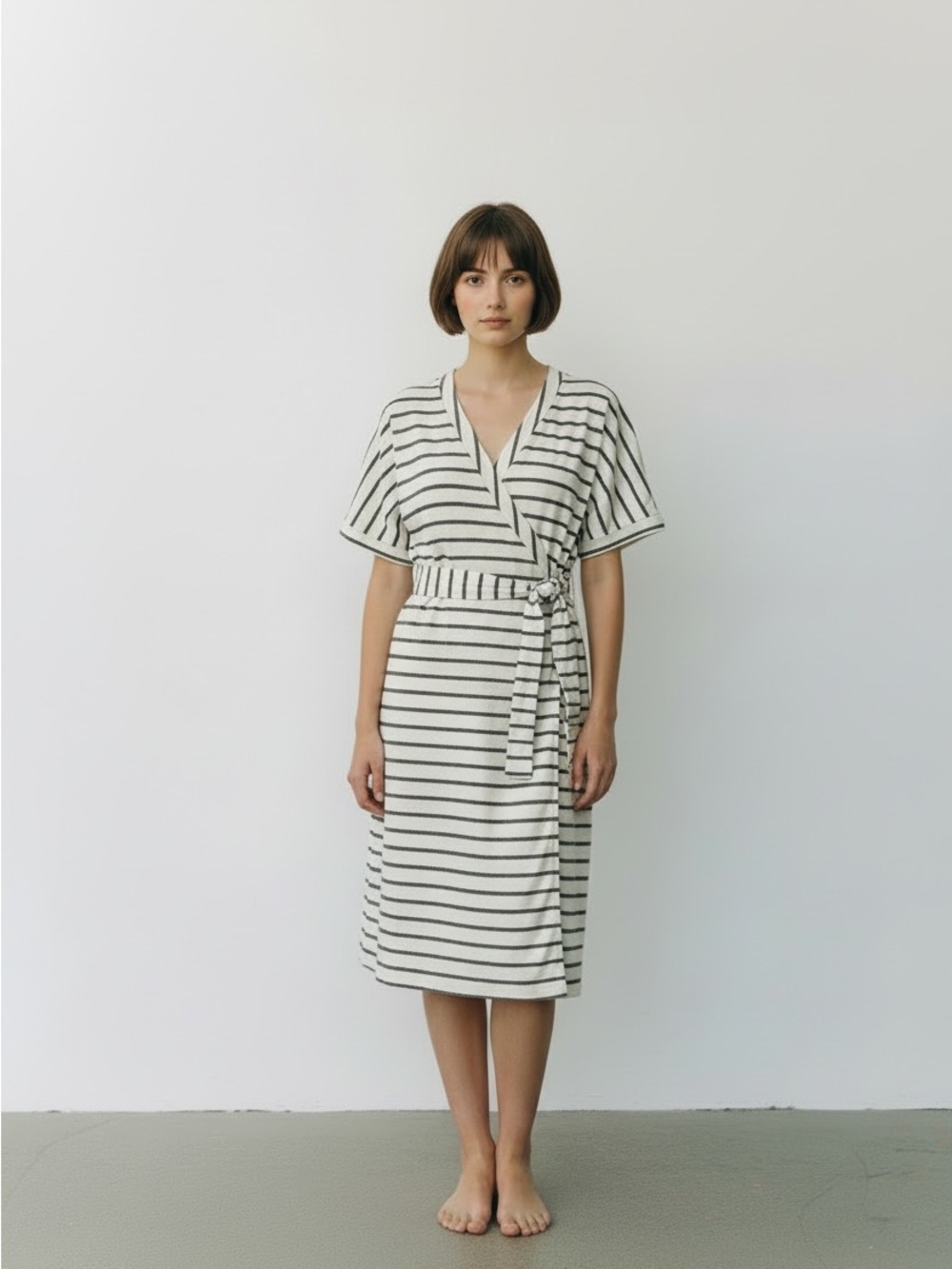 Rogan for Target Linen Cream and Black Striped Wrap Midi Dress. Preloved Sz Sm